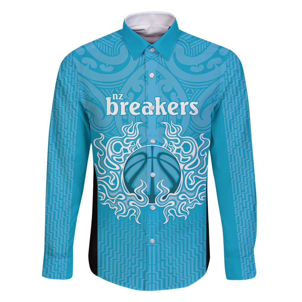 New Zealand Custom Family Matching Long Sleeve Bodycon Dress and Hawaiian Shirt Fire Basketball Maori Tribal Sky Blue - Polynesian Pride