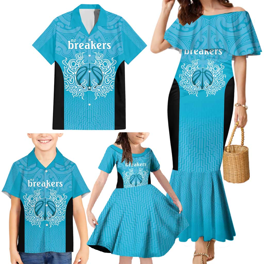 New Zealand Custom Family Matching Mermaid Dress and Hawaiian Shirt Fire Basketball Maori Tribal Sky Blue - Polynesian Pride