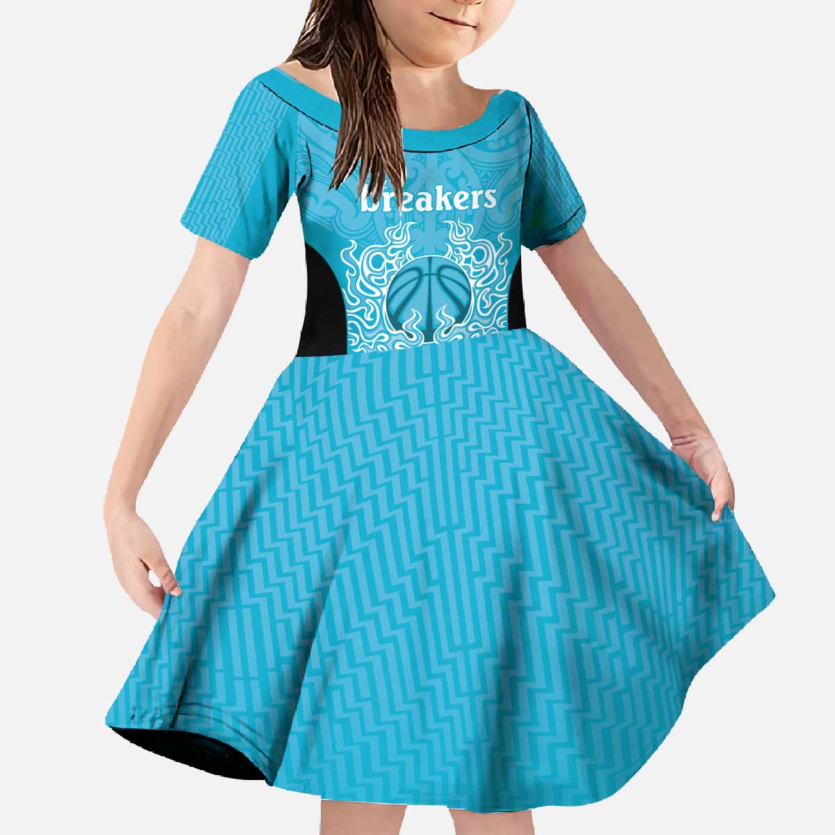 New Zealand Custom Family Matching Off The Shoulder Long Sleeve Dress and Hawaiian Shirt Fire Basketball Maori Tribal Sky Blue - Polynesian Pride