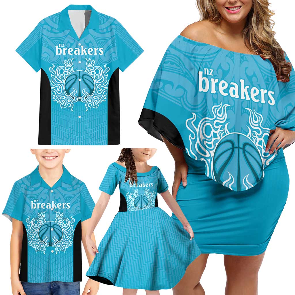 New Zealand Custom Family Matching Off Shoulder Short Dress and Hawaiian Shirt Fire Basketball Maori Tribal Sky Blue LT9 - Polynesian Pride