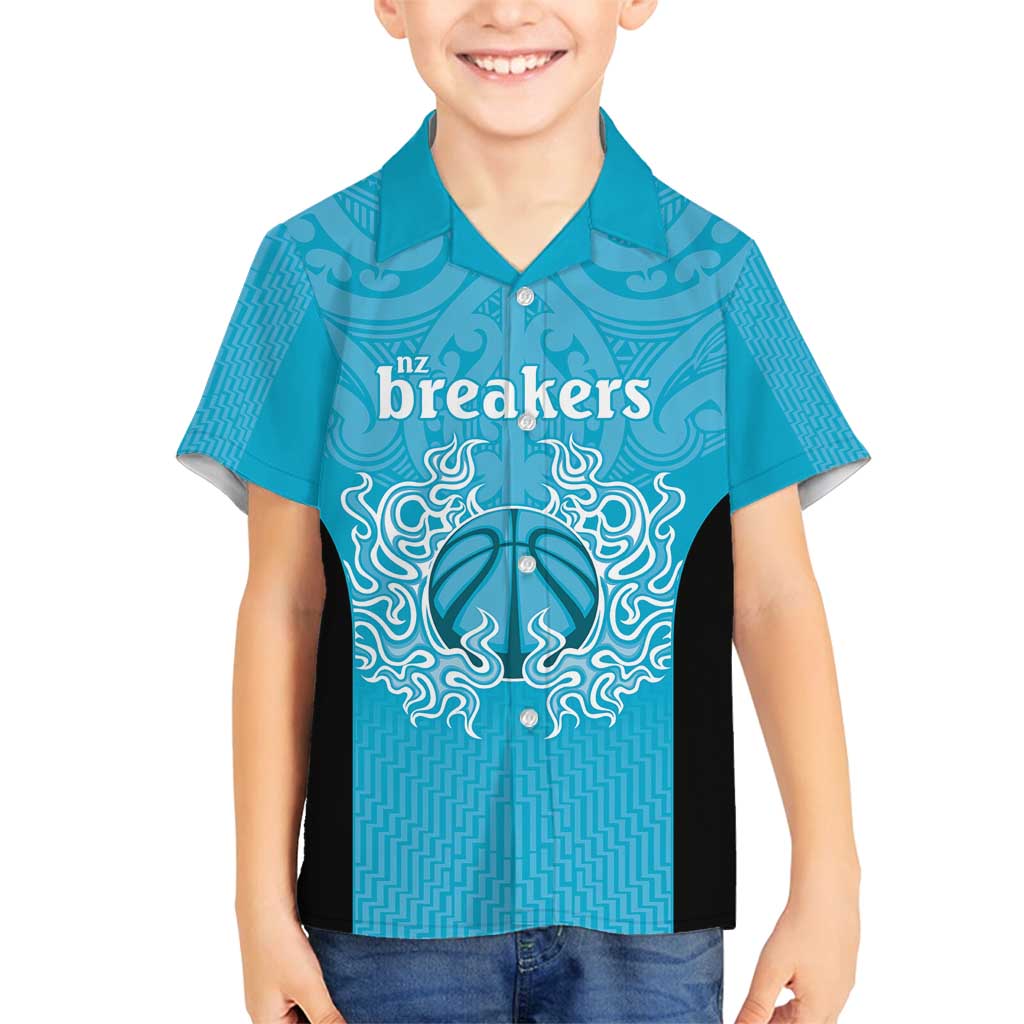 New Zealand Custom Family Matching Off Shoulder Short Dress and Hawaiian Shirt Fire Basketball Maori Tribal Sky Blue LT9 Son's Shirt Blue - Polynesian Pride