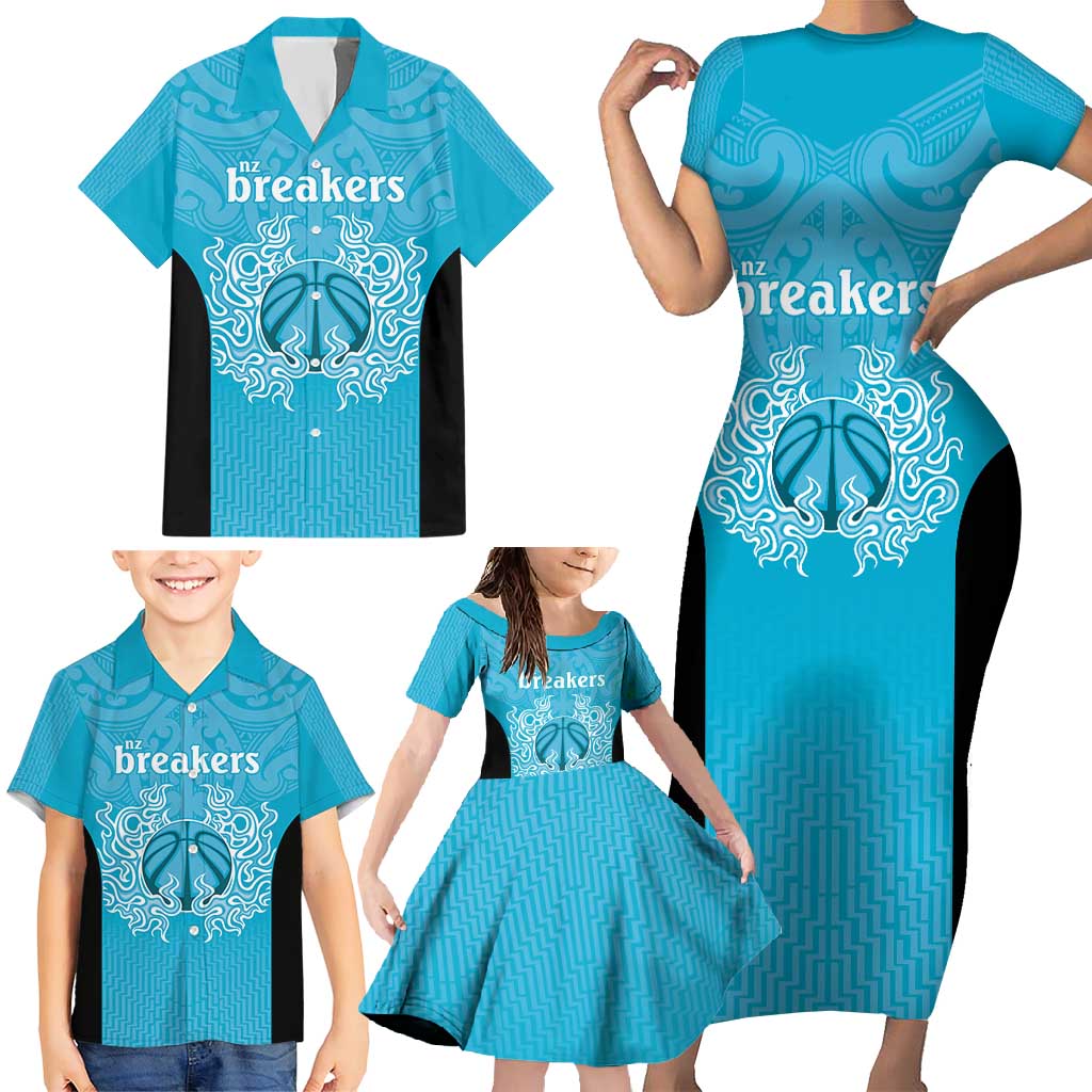 New Zealand Custom Family Matching Short Sleeve Bodycon Dress and Hawaiian Shirt Fire Basketball Maori Tribal Sky Blue - Polynesian Pride