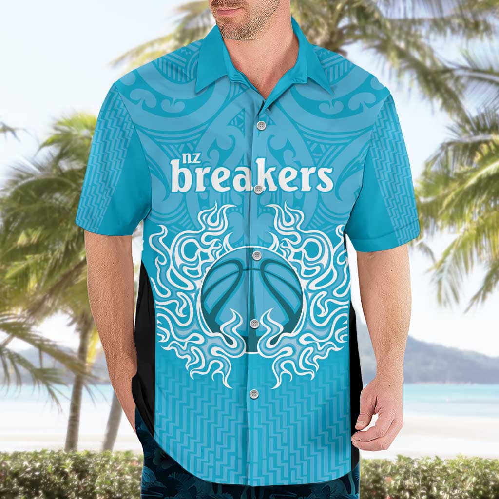 New Zealand Custom Hawaiian Shirt Fire Basketball Maori Tribal Sky Blue - Polynesian Pride