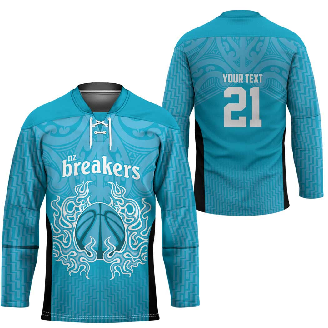 New Zealand Custom Hockey Jersey Fire Basketball Maori Tribal Sky Blue LT9 - Polynesian Pride