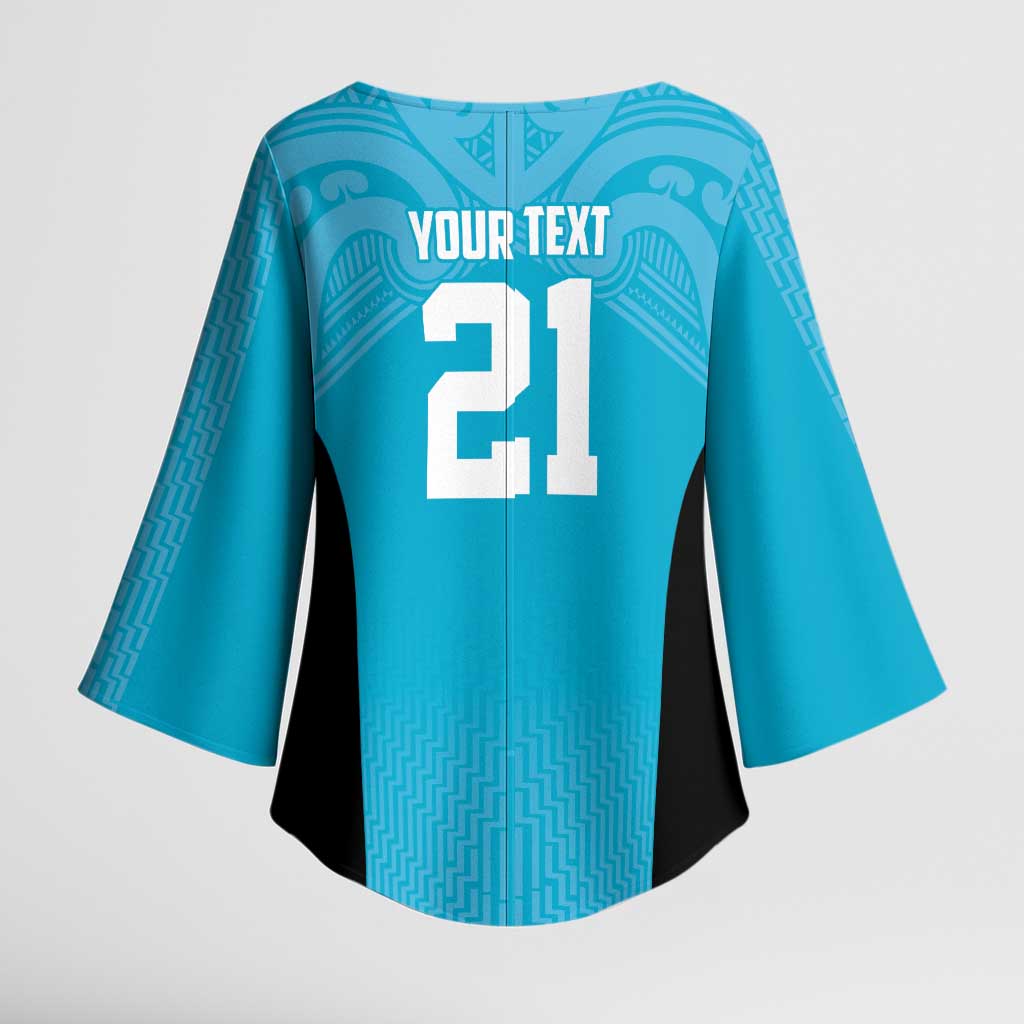 New Zealand Custom Kimono Sleeve Blouse Fire Basketball Maori Tribal Sky Blue - Polynesian Pride