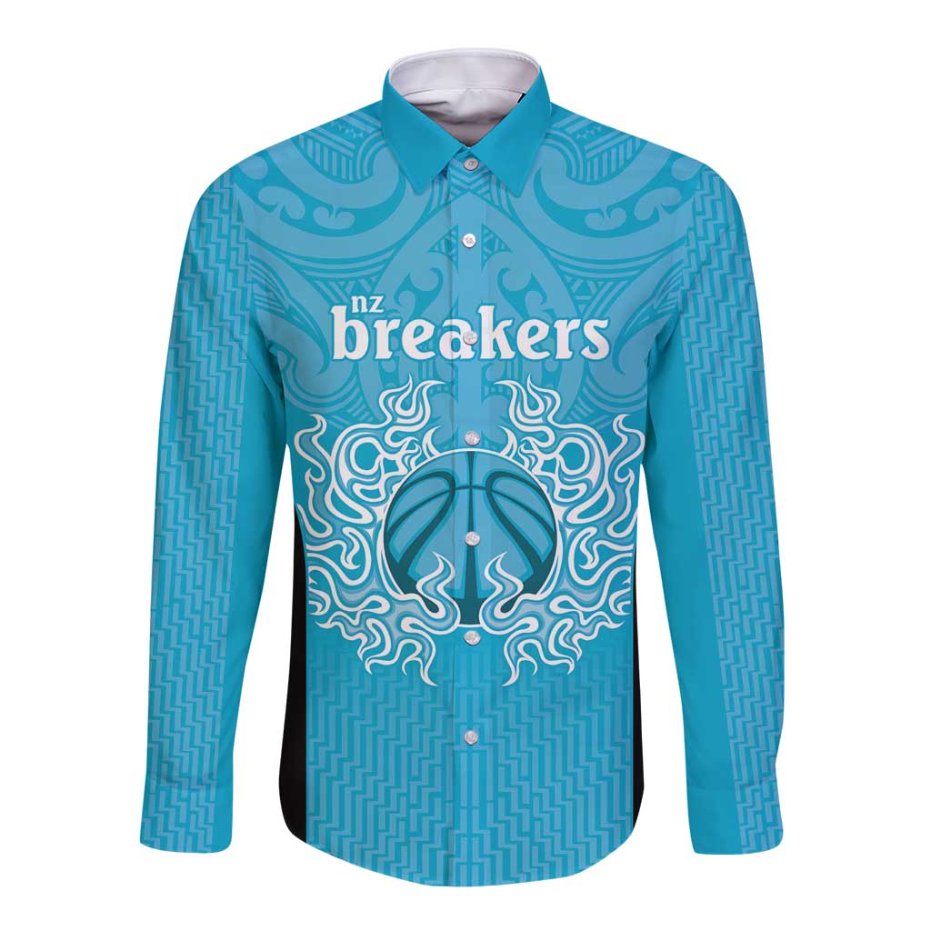 New Zealand Custom Long Sleeve Button Shirt Fire Basketball Maori Tribal Sky Blue - Polynesian Pride
