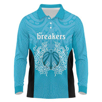 New Zealand Custom Long Sleeve Polo Shirt Fire Basketball Maori Tribal Sky Blue - Polynesian Pride