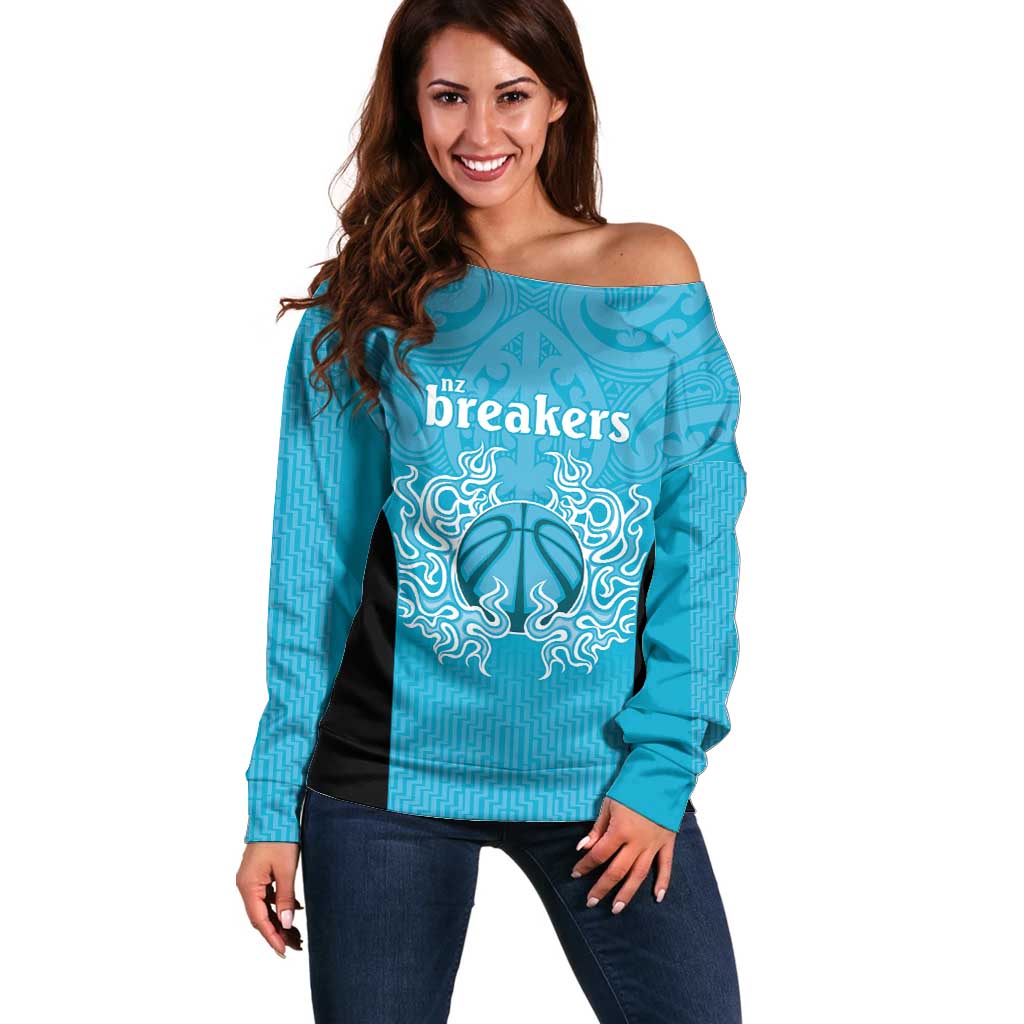 New Zealand Custom Off Shoulder Sweater Fire Basketball Maori Tribal Sky Blue - Polynesian Pride