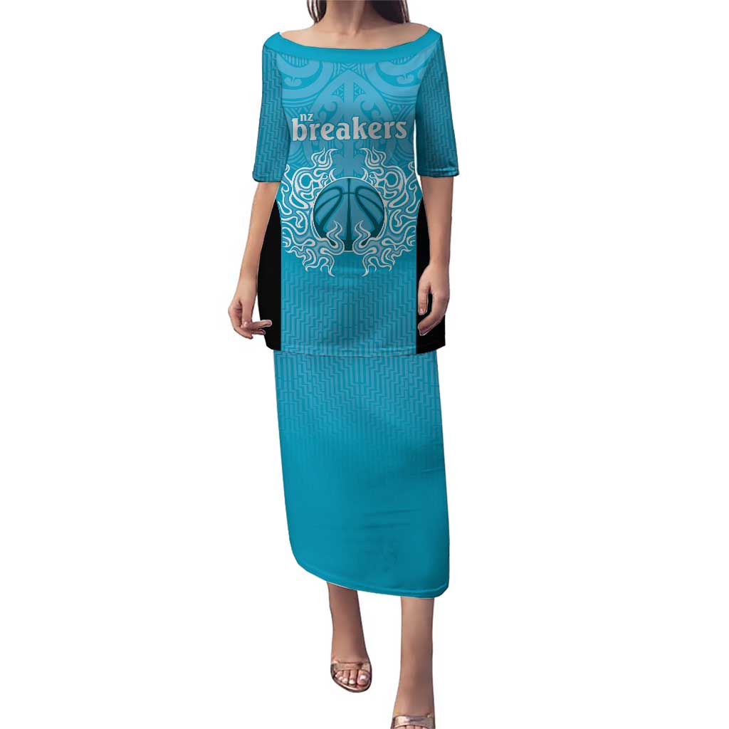 New Zealand Custom Puletasi Fire Basketball Maori Tribal Sky Blue - Polynesian Pride