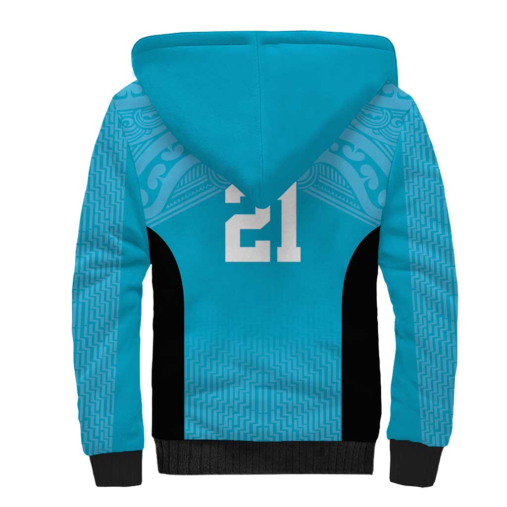New Zealand Custom Sherpa Hoodie Fire Basketball Maori Tribal Sky Blue - Polynesian Pride