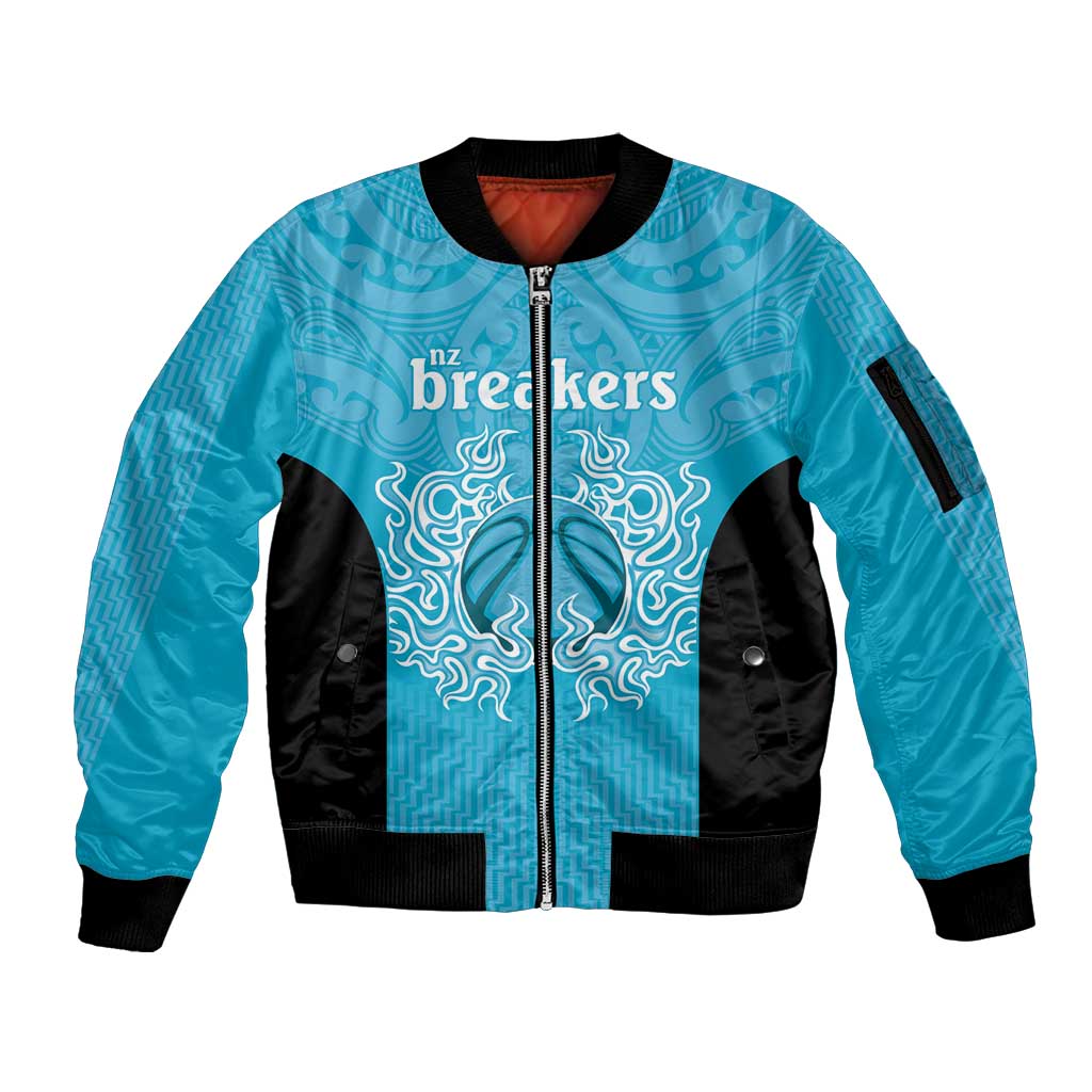 New Zealand Custom Sleeve Zip Bomber Jacket Fire Basketball Maori Tribal Sky Blue - Polynesian Pride