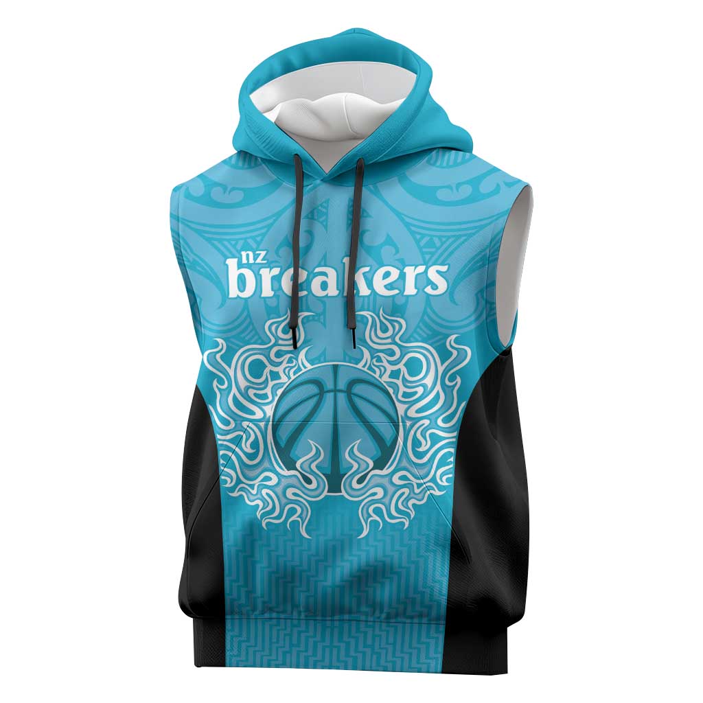 New Zealand Custom Sleeveless Hoodie Fire Basketball Maori Tribal Sky Blue - Polynesian Pride