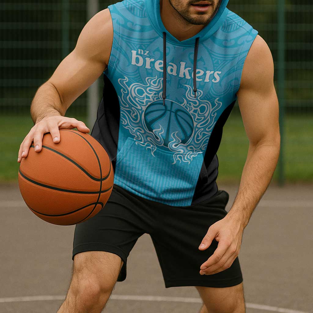 New Zealand Custom Sleeveless Hoodie Fire Basketball Maori Tribal Sky Blue - Polynesian Pride