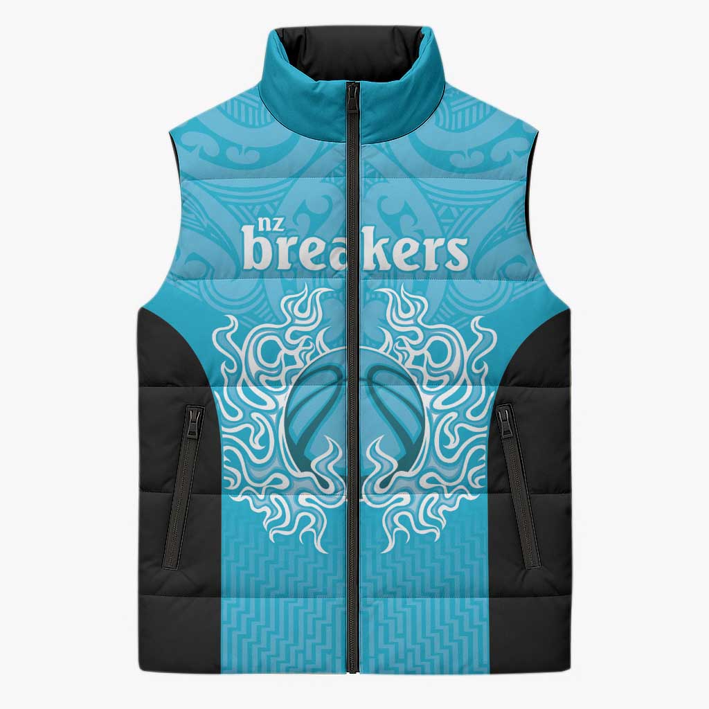 New Zealand Custom Sleeveless Puffer Jacket Fire Basketball Maori Tribal Sky Blue - Polynesian Pride