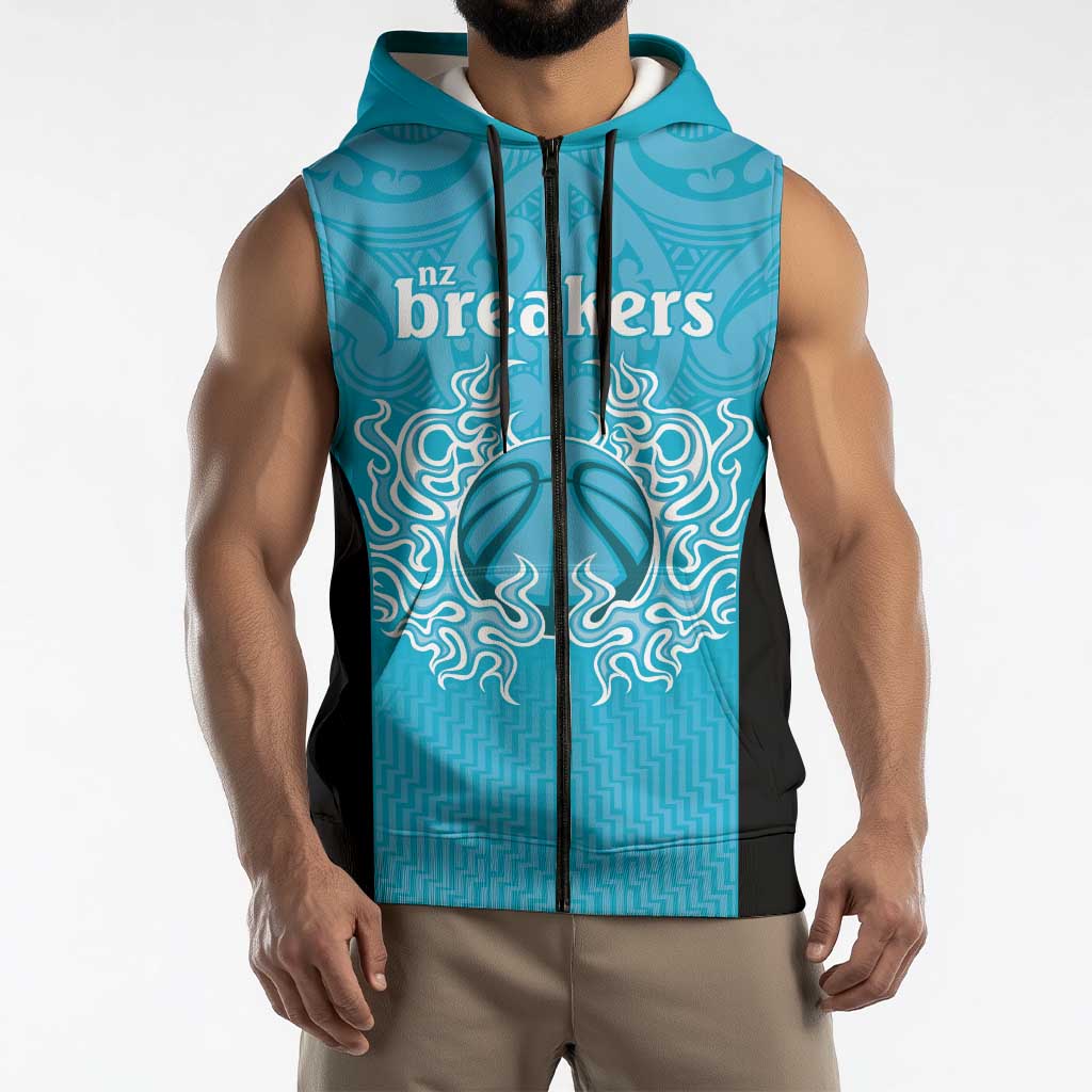 New Zealand Custom Sleeveless Zip Hoodie Fire Basketball Maori Tribal Sky Blue LT9 - Polynesian Pride