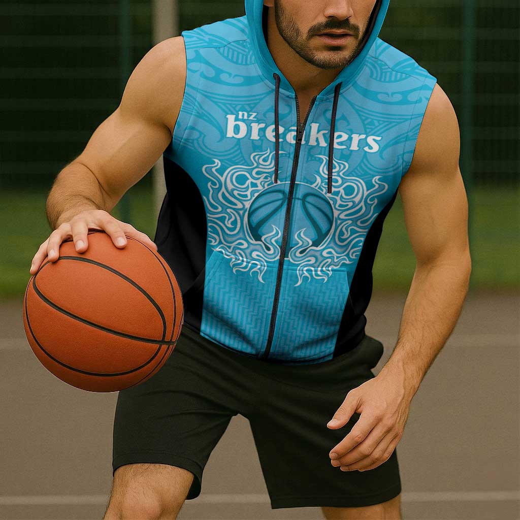 New Zealand Custom Sleeveless Zip Hoodie Fire Basketball Maori Tribal Sky Blue LT9 - Polynesian Pride