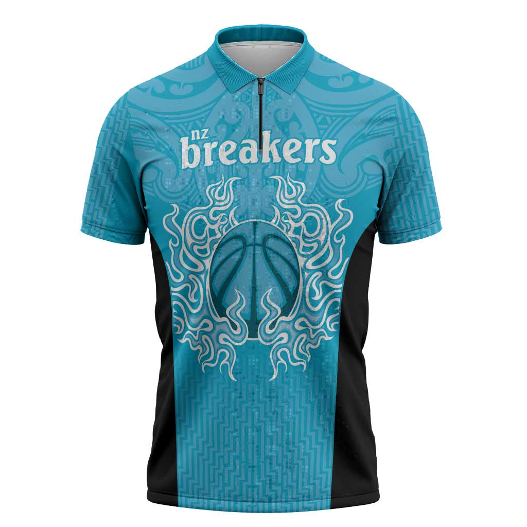 New Zealand Custom Zipper Polo Shirt Fire Basketball Maori Tribal Sky Blue LT9 Blue - Polynesian Pride