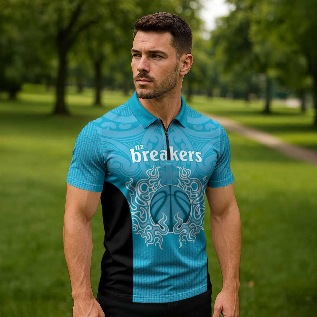 New Zealand Custom Zipper Polo Shirt Fire Basketball Maori Tribal Sky Blue LT9 - Polynesian Pride