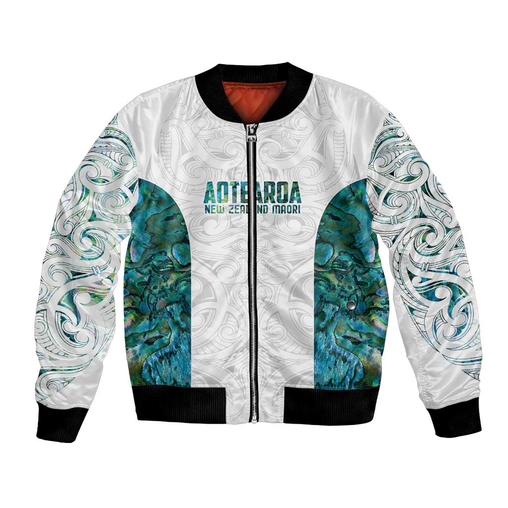 Custom New Zealand Aotearoa Bomber Jacket Green Maori Paua Shell Indigenous - Polynesian Pride