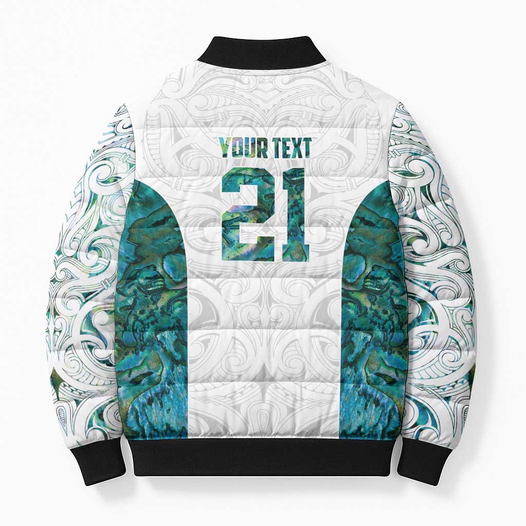Custom New Zealand Aotearoa Bomber Puffer Jacket Green Maori Paua Shell Indigenous - Polynesian Pride