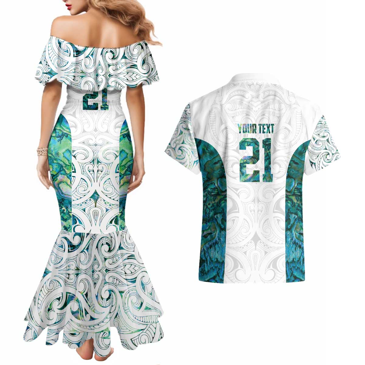 Custom New Zealand Aotearoa Couples Matching Mermaid Dress and Hawaiian Shirt Green Maori Paua Shell Indigenous - Polynesian Pride