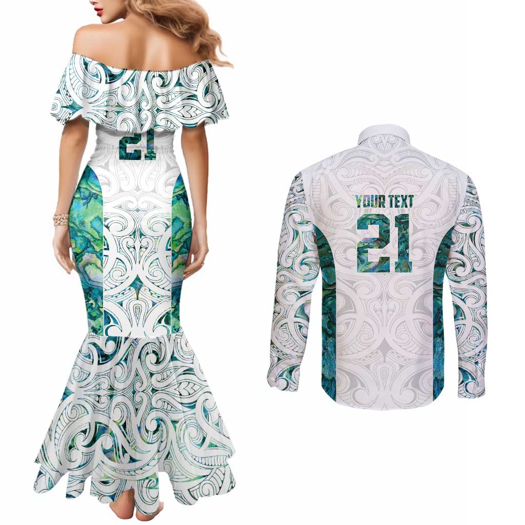 Custom New Zealand Aotearoa Couples Matching Mermaid Dress and Long Sleeve Button Shirt Green Maori Paua Shell Indigenous - Polynesian Pride