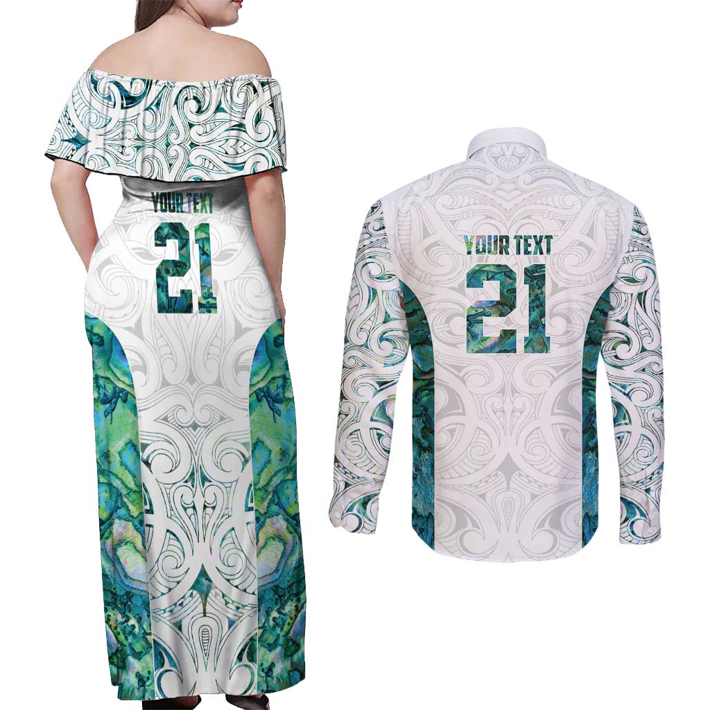 Custom New Zealand Aotearoa Couples Matching Off Shoulder Maxi Dress and Long Sleeve Button Shirt Green Maori Paua Shell Indigenous - Polynesian Pride