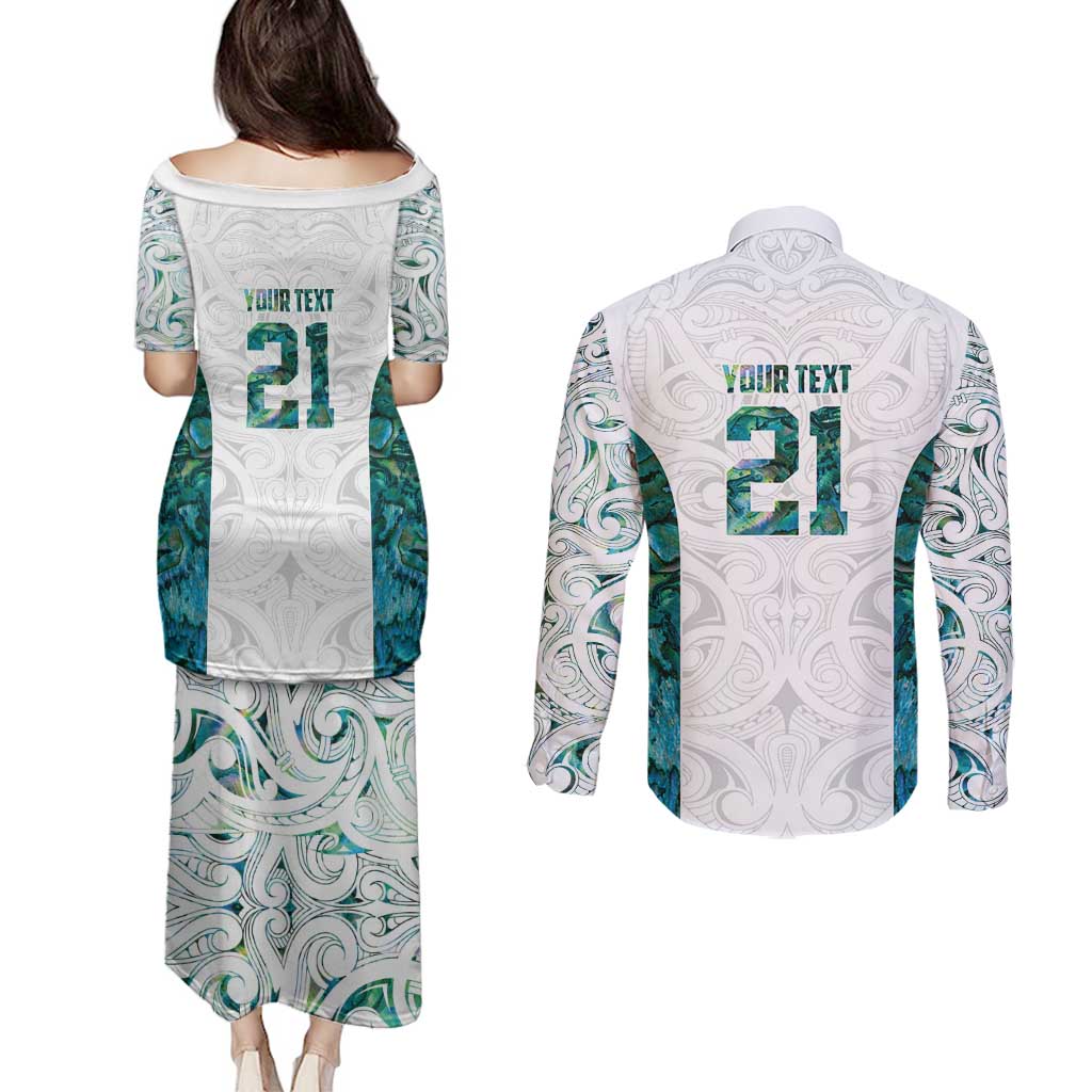 Custom New Zealand Aotearoa Couples Matching Puletasi and Long Sleeve Button Shirt Green Maori Paua Shell Indigenous - Polynesian Pride