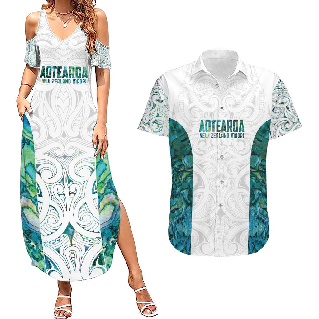 Custom New Zealand Aotearoa Couples Matching Summer Maxi Dress and Hawaiian Shirt Green Maori Paua Shell Indigenous - Polynesian Pride