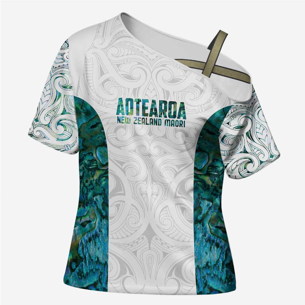 Custom New Zealand Aotearoa Cross Shoulder Shirt Green Maori Paua Shell Indigenous - Polynesian Pride