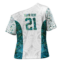 Custom New Zealand Aotearoa Cross Shoulder Shirt Green Maori Paua Shell Indigenous - Polynesian Pride