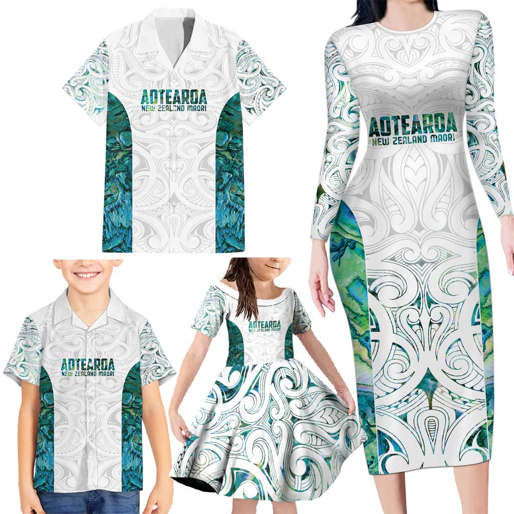 Custom New Zealand Aotearoa Family Matching Long Sleeve Bodycon Dress and Hawaiian Shirt Green Maori Paua Shell Indigenous - Polynesian Pride