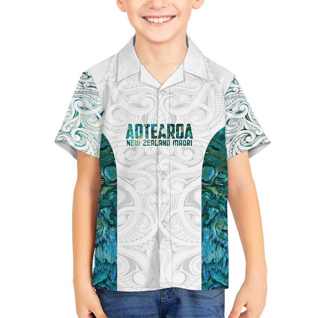 Custom New Zealand Aotearoa Family Matching Off Shoulder Short Dress and Hawaiian Shirt Green Maori Paua Shell Indigenous LT9 Son's Shirt Green - Polynesian Pride