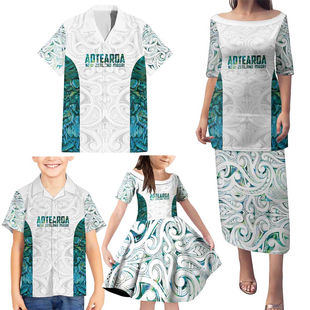 Custom New Zealand Aotearoa Family Matching Puletasi and Hawaiian Shirt Green Maori Paua Shell Indigenous - Polynesian Pride