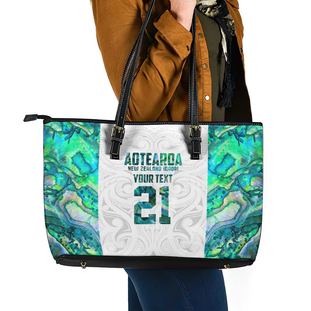 Custom New Zealand Aotearoa Leather Tote Bag Green Maori Paua Shell Indigenous - Polynesian Pride
