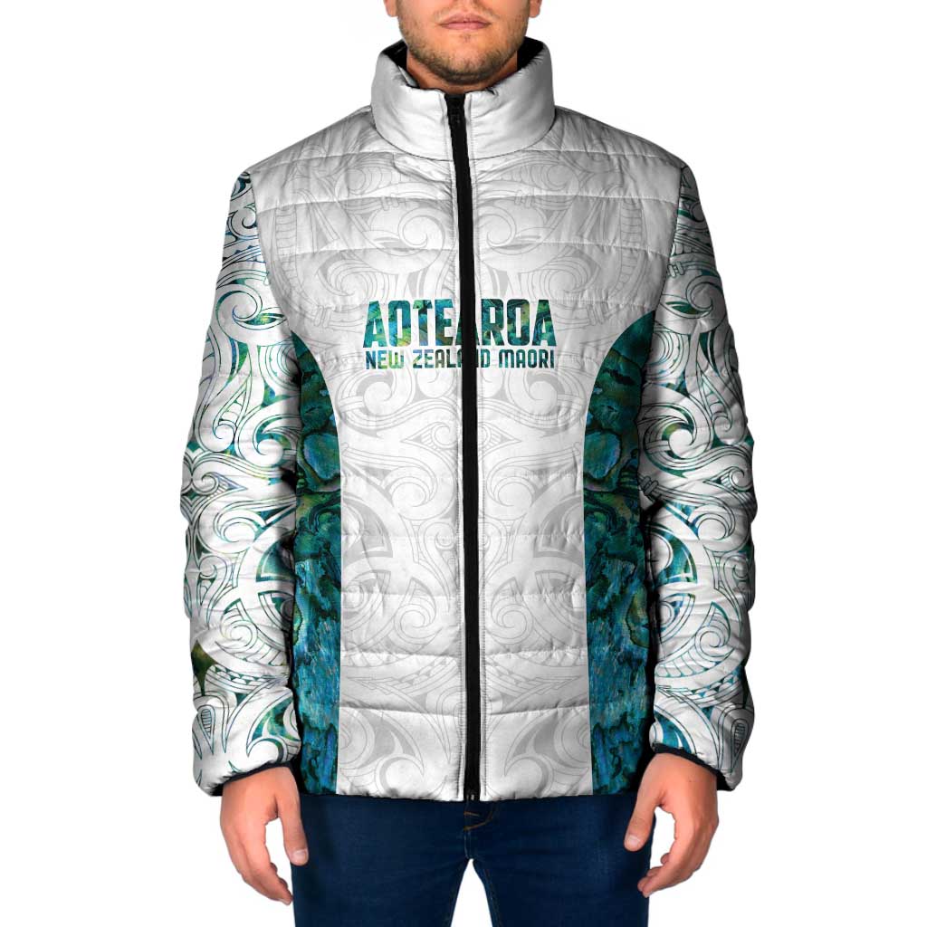 Custom New Zealand Aotearoa Padded Jacket Green Maori Paua Shell Indigenous - Polynesian Pride