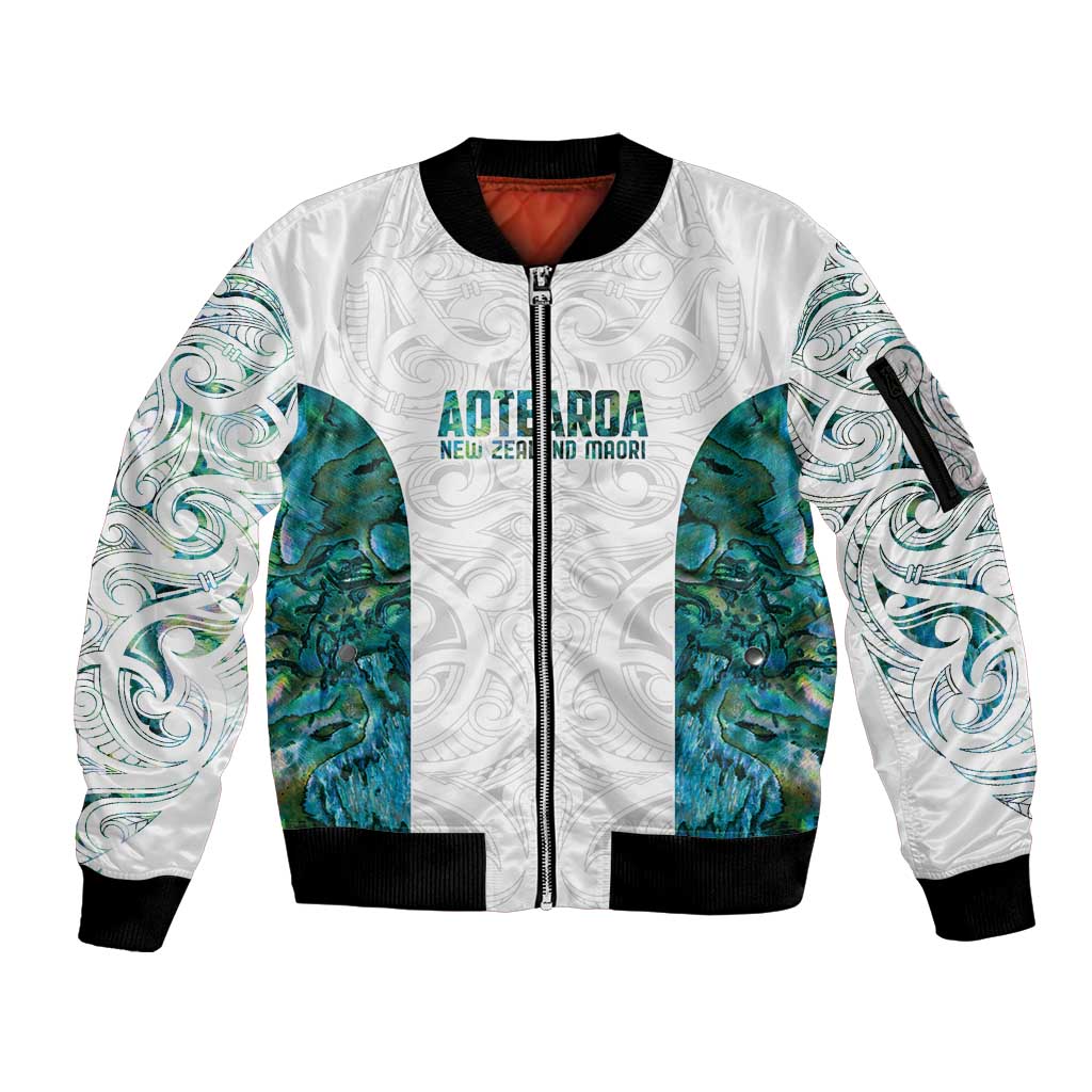 Custom New Zealand Aotearoa Sleeve Zip Bomber Jacket Green Maori Paua Shell Indigenous - Polynesian Pride