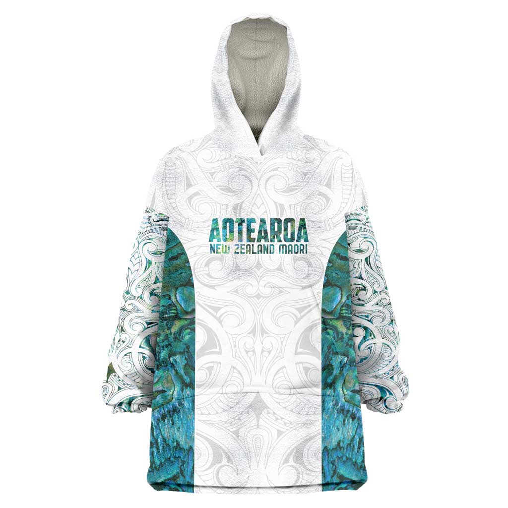 Custom New Zealand Aotearoa Wearable Blanket Hoodie Green Maori Paua Shell Indigenous - Polynesian Pride