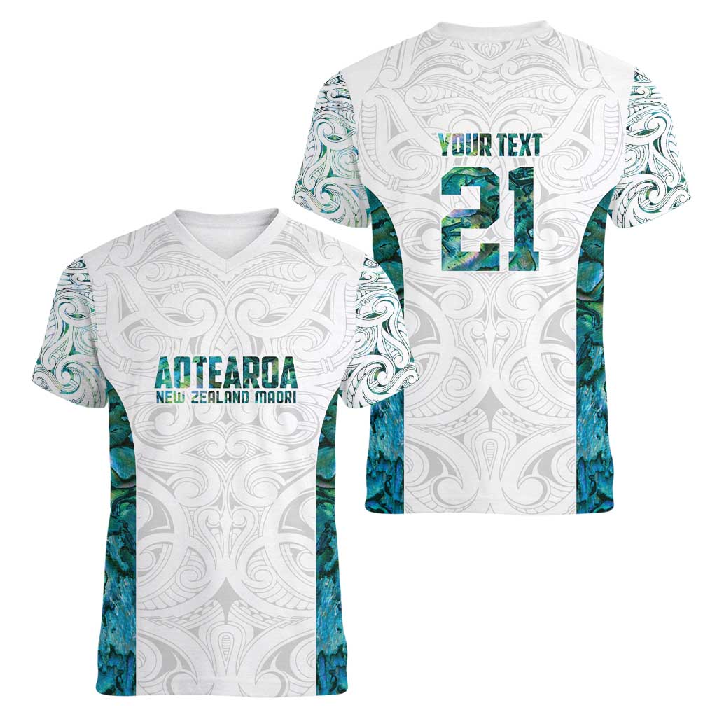 Custom New Zealand Aotearoa Women V-Neck T-Shirt Green Maori Paua Shell Indigenous LT9 - Polynesian Pride