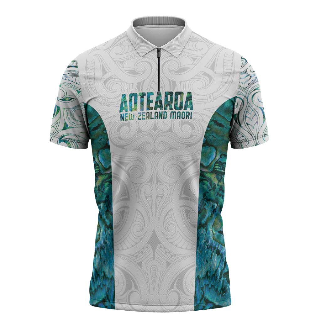 Custom New Zealand Aotearoa Zipper Polo Shirt Green Maori Paua Shell Indigenous LT9 Green - Polynesian Pride