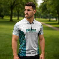 Custom New Zealand Aotearoa Zipper Polo Shirt Green Maori Paua Shell Indigenous LT9 - Polynesian Pride