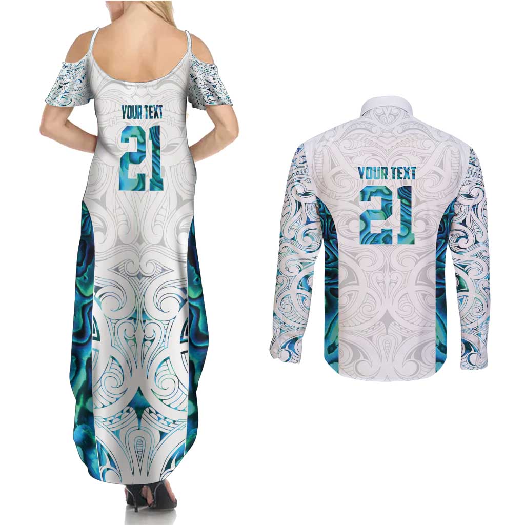 Custom New Zealand Aotearoa Couples Matching Summer Maxi Dress and Long Sleeve Button Shirt Maori Paua Shell Indigenous - Polynesian Pride