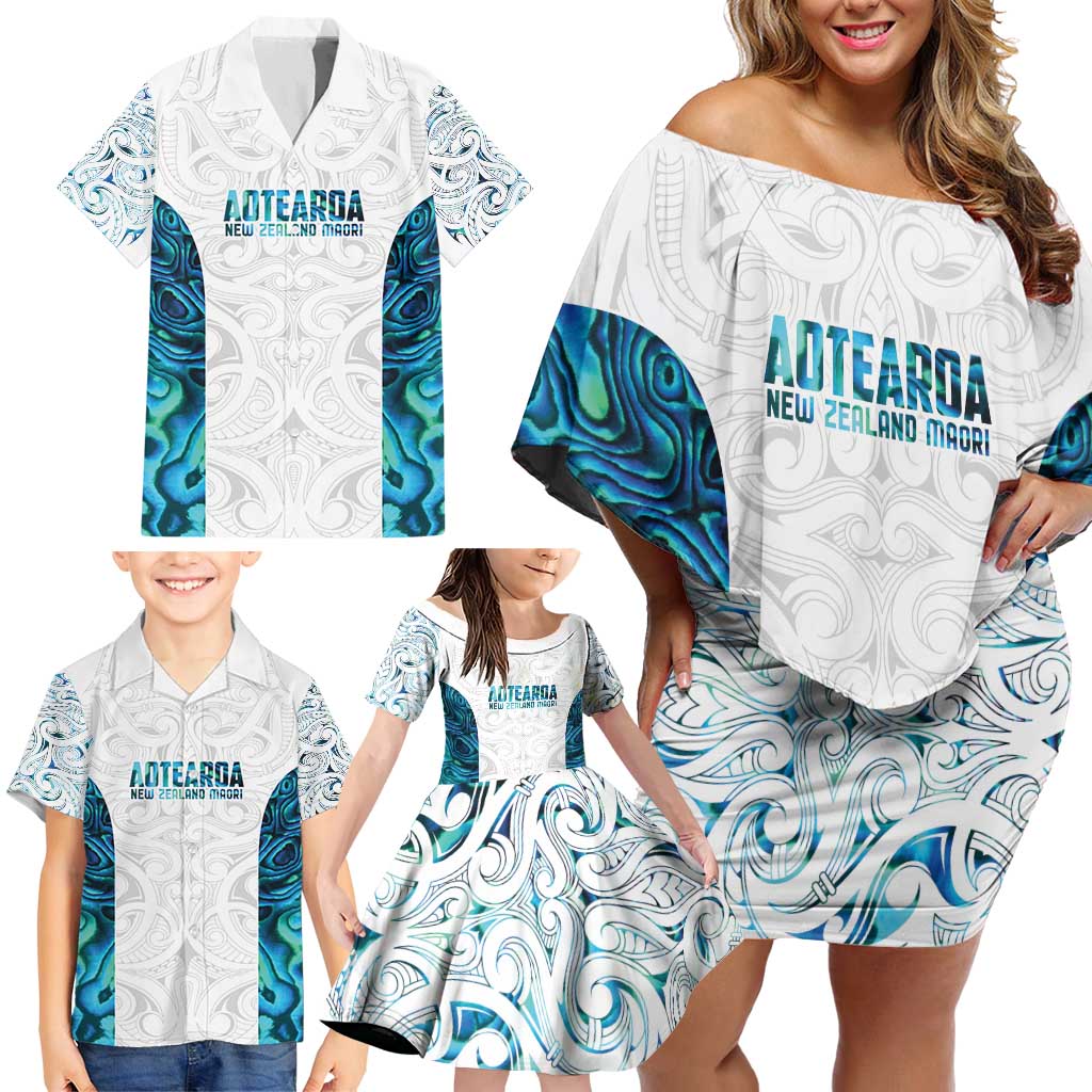 Custom New Zealand Aotearoa Family Matching Off Shoulder Short Dress and Hawaiian Shirt Maori Paua Shell Indigenous - Polynesian Pride