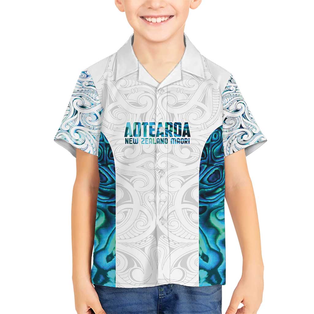 Custom New Zealand Aotearoa Family Matching Off Shoulder Short Dress and Hawaiian Shirt Maori Paua Shell Indigenous LT9 Son's Shirt Blue - Polynesian Pride