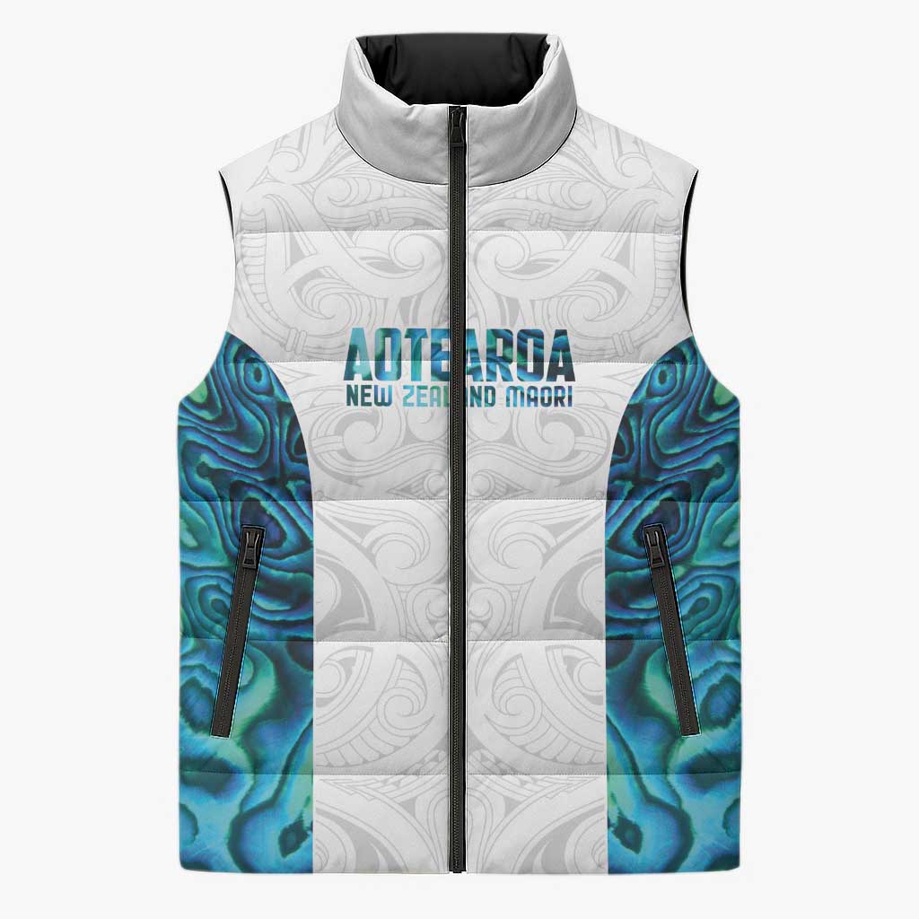 Custom New Zealand Aotearoa Sleeveless Puffer Jacket Maori Paua Shell Indigenous - Polynesian Pride