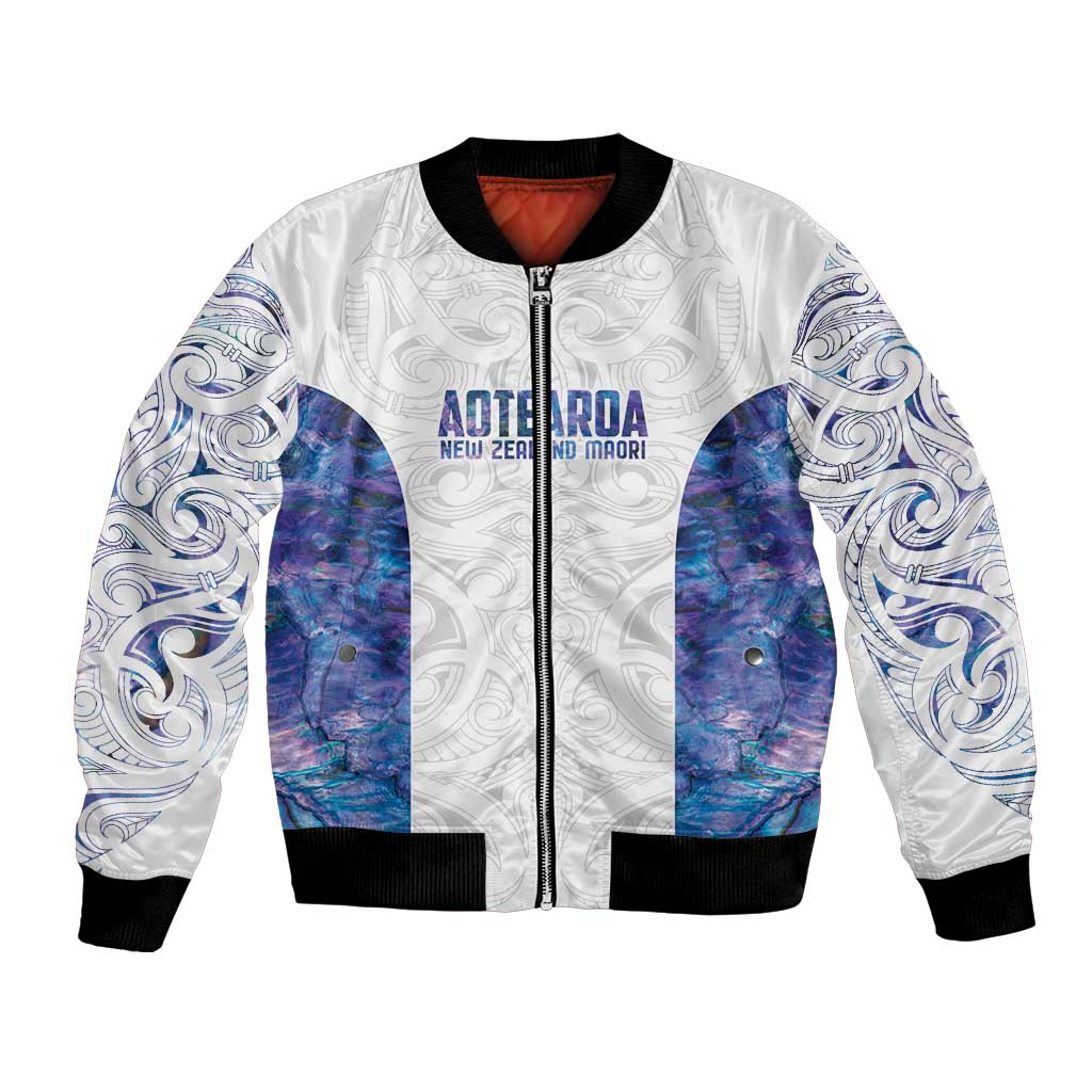 Custom New Zealand Aotearoa Bomber Jacket Purple Maori Paua Shell Indigenous - Polynesian Pride