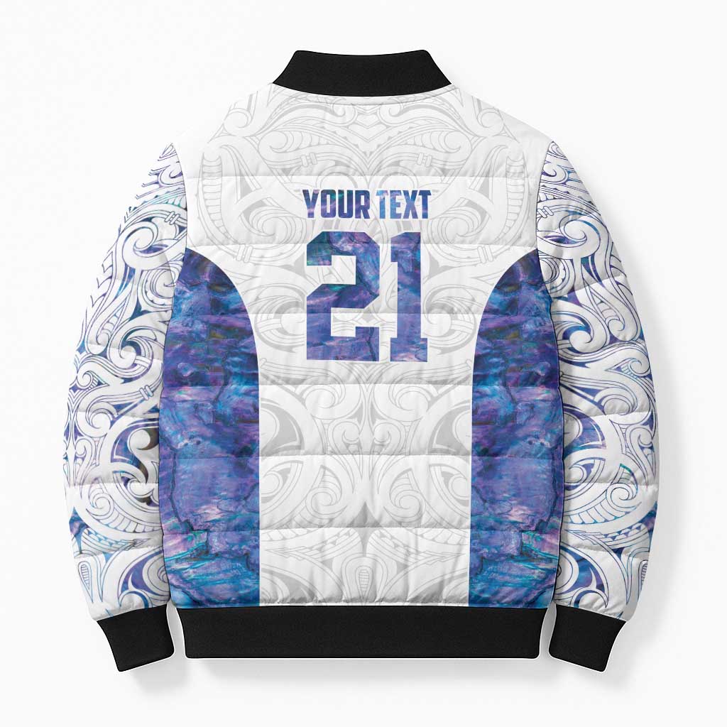 Custom New Zealand Aotearoa Bomber Puffer Jacket Purple Maori Paua Shell Indigenous - Polynesian Pride