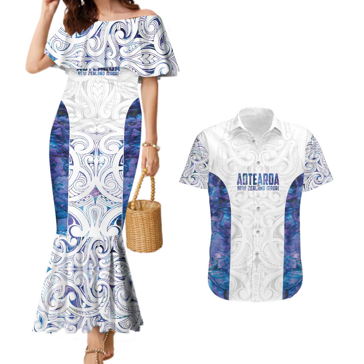Custom New Zealand Aotearoa Couples Matching Mermaid Dress and Hawaiian Shirt Purple Maori Paua Shell Indigenous - Polynesian Pride