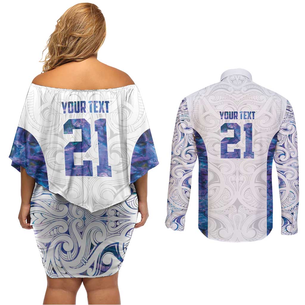 Custom New Zealand Aotearoa Couples Matching Off Shoulder Short Dress and Long Sleeve Button Shirt Purple Maori Paua Shell Indigenous - Polynesian Pride
