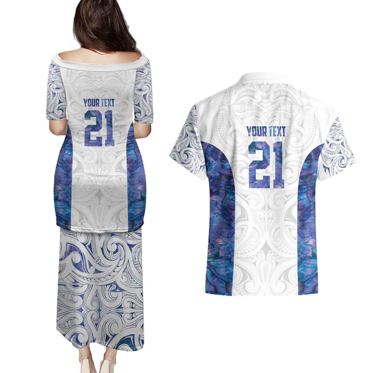 Custom New Zealand Aotearoa Couples Matching Puletasi and Hawaiian Shirt Purple Maori Paua Shell Indigenous - Polynesian Pride